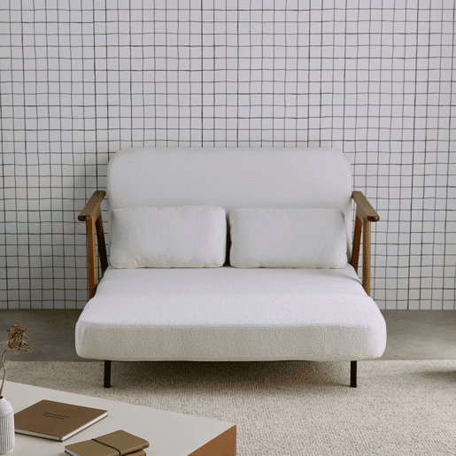 Banco sofá conversível em madeira e boucle texturizado, 2 lugares , Sven, Branco, 133x81x84 cm