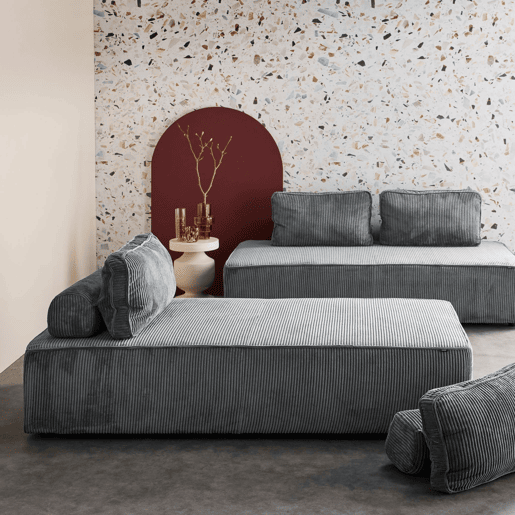 Sofá modular em tecido veludo canelado de 4 lugares, Lao, Cinza escuro, 180x90x78 cm