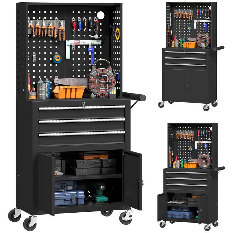 Homcom carro de herramientas con 3 cajones y tabla de pegboard, carro de taller, cerradura por llave, estante ajustable, 2 ruedas con freno de bloqueo, negro