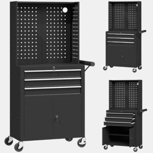 HOMCOM Carrinho de Ferramentas com 3 Gavetas e Painel de Perfurado Carrinho de Oficina Fechadura com Chave Prateleira Ajustável 2 Rodas com Travão de Bloqueio 69x33x133 cm Preto