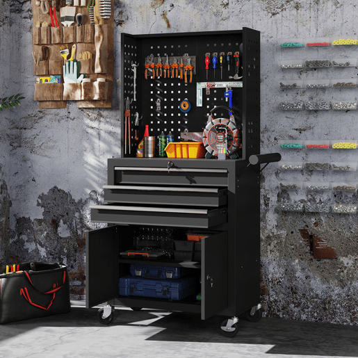 HOMCOM Carrinho de Ferramentas com 3 Gavetas e Painel de Perfurado Carrinho de Oficina Fechadura com Chave Prateleira Ajustável 2 Rodas com Travão de Bloqueio 69x33x133 cm Preto
