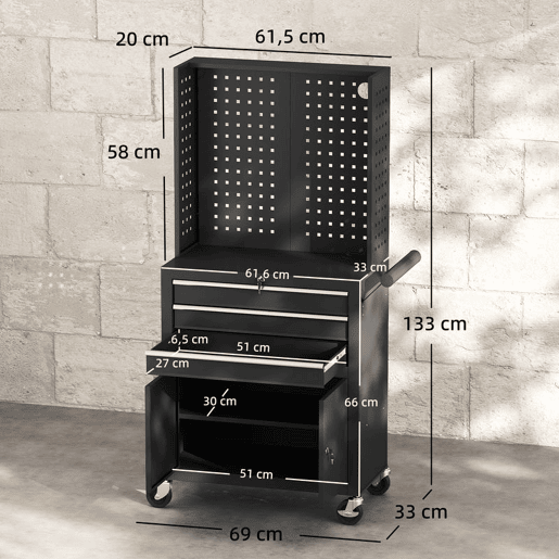 HOMCOM Carrinho de Ferramentas com 3 Gavetas e Painel de Perfurado Carrinho de Oficina Fechadura com Chave Prateleira Ajustável 2 Rodas com Travão de Bloqueio 69x33x133 cm Preto
