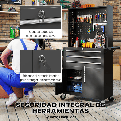 HOMCOM Carrinho de Ferramentas com 3 Gavetas e Painel de Perfurado Carrinho de Oficina Fechadura com Chave Prateleira Ajustável 2 Rodas com Travão de Bloqueio 69x33x133 cm Preto