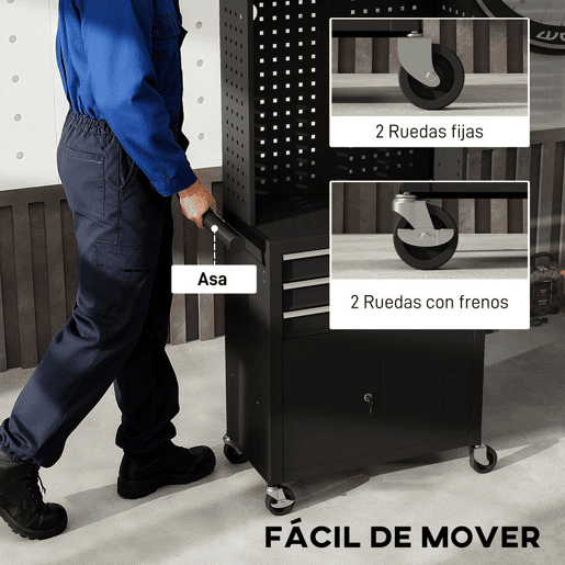 HOMCOM Carrinho de Ferramentas com 3 Gavetas e Painel de Perfurado Carrinho de Oficina Fechadura com Chave Prateleira Ajustável 2 Rodas com Travão de Bloqueio 69x33x133 cm Preto