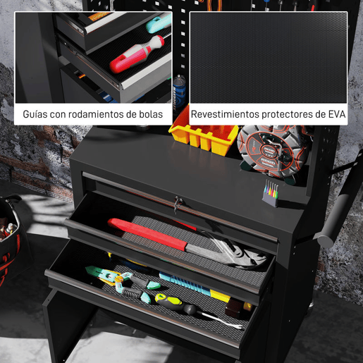 HOMCOM Carrinho de Ferramentas com 3 Gavetas e Painel de Perfurado Carrinho de Oficina Fechadura com Chave Prateleira Ajustável 2 Rodas com Travão de Bloqueio 69x33x133 cm Preto