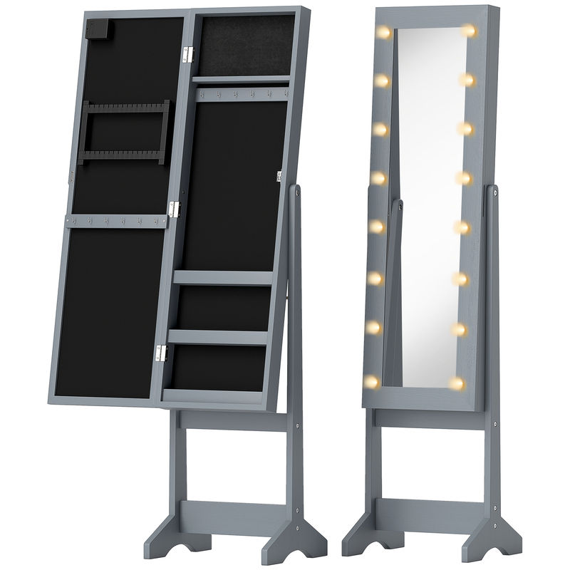 Homcom espejo joyero con luces led, armario para joyas, armario joyero de pie con espejo entero, ángulo ajustable, con estantes, ranuras para anillos, gris