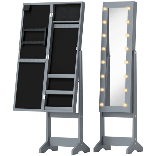 HOMCOM Espelho Joalheiro com Luzes LED Armário para Joias Joalheiro de Pé com Espelho Completo Ângulo Ajustável com Prateleiras Ranuras para Anéis 36x30x136 cm Cinzento