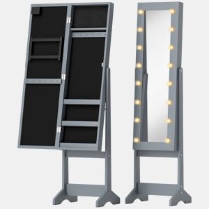 HOMCOM Espelho Joalheiro com Luzes LED Armário para Joias Joalheiro de Pé com Espelho Completo Ângulo Ajustável com Prateleiras Ranuras para Anéis 36x30x136 cm Cinzento