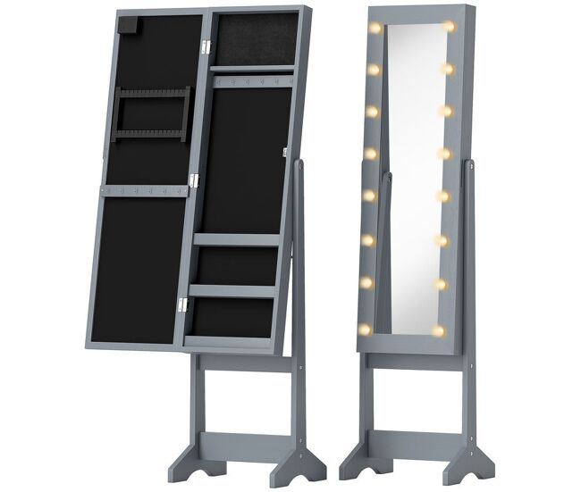 Homcom espejo joyero con luces led, armario para joyas, armario joyero de pie con espejo entero, ángulo ajustable, con estantes, ranuras para anillos, gris