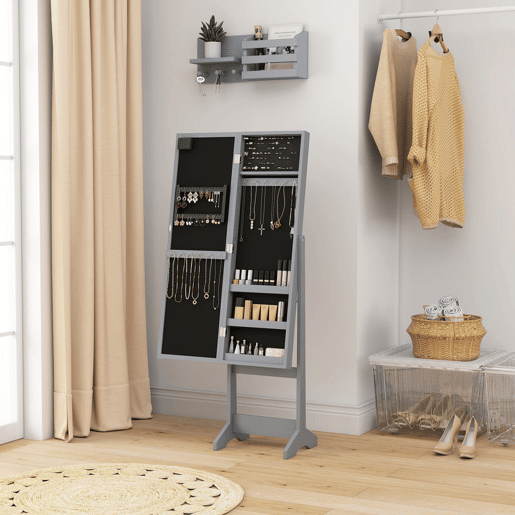 HOMCOM Espelho Joalheiro com Luzes LED Armário para Joias Joalheiro de Pé com Espelho Completo Ângulo Ajustável com Prateleiras Ranuras para Anéis 36x30x136 cm Cinzento