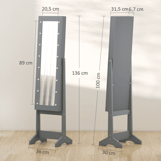 HOMCOM Espelho Joalheiro com Luzes LED Armário para Joias Joalheiro de Pé com Espelho Completo Ângulo Ajustável com Prateleiras Ranuras para Anéis 36x30x136 cm Cinzento
