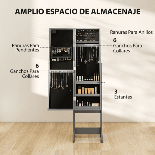 HOMCOM Espelho Joalheiro com Luzes LED Armário para Joias Joalheiro de Pé com Espelho Completo Ângulo Ajustável com Prateleiras Ranuras para Anéis 36x30x136 cm Cinzento