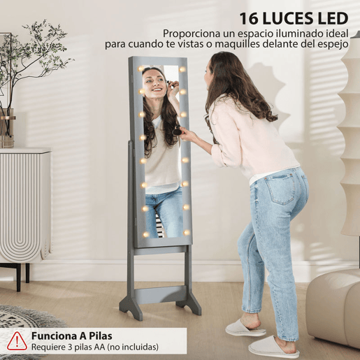 HOMCOM Espelho Joalheiro com Luzes LED Armário para Joias Joalheiro de Pé com Espelho Completo Ângulo Ajustável com Prateleiras Ranuras para Anéis 36x30x136 cm Cinzento