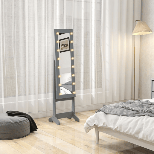 HOMCOM Espelho Joalheiro com Luzes LED Armário para Joias Joalheiro de Pé com Espelho Completo Ângulo Ajustável com Prateleiras Ranuras para Anéis 36x30x136 cm Cinzento