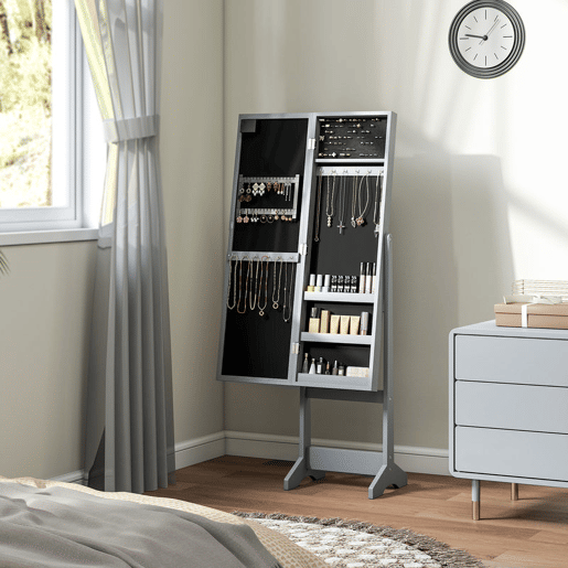 HOMCOM Espelho Joalheiro com Luzes LED Armário para Joias Joalheiro de Pé com Espelho Completo Ângulo Ajustável com Prateleiras Ranuras para Anéis 36x30x136 cm Cinzento