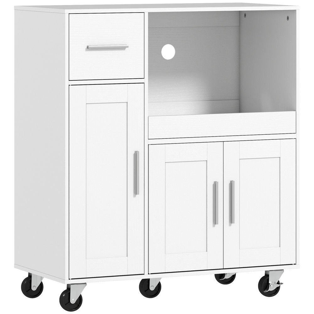 Homcom mueble auxiliar de cocina con ruedas, aparador de cocina para microondas con bandeja deslizante, cajón, 3 puertas, estante ajustable y orificio para cables, para salón, 80x40x88,7 cm, blanco