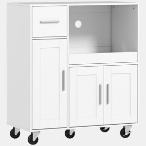 HOMCOM Móvel Auxiliar de Cozinha com Rodas Aparador de Cozinha para Microondas com Bandeja Deslizante Gaveta 3 Portas Prateleira Ajustável e Orifício para Cabos para Sala 80x40x88,7 cm Branco