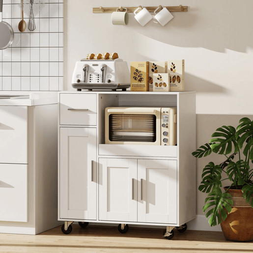 HOMCOM Móvel Auxiliar de Cozinha com Rodas Aparador de Cozinha para Microondas com Bandeja Deslizante Gaveta 3 Portas Prateleira Ajustável e Orifício para Cabos para Sala 80x40x88,7 cm Branco