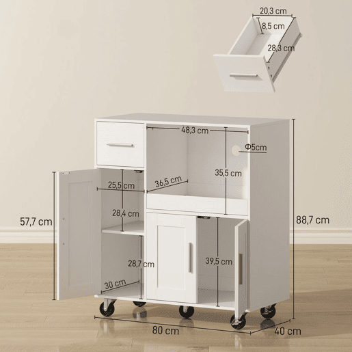 HOMCOM Móvel Auxiliar de Cozinha com Rodas Aparador de Cozinha para Microondas com Bandeja Deslizante Gaveta 3 Portas Prateleira Ajustável e Orifício para Cabos para Sala 80x40x88,7 cm Branco