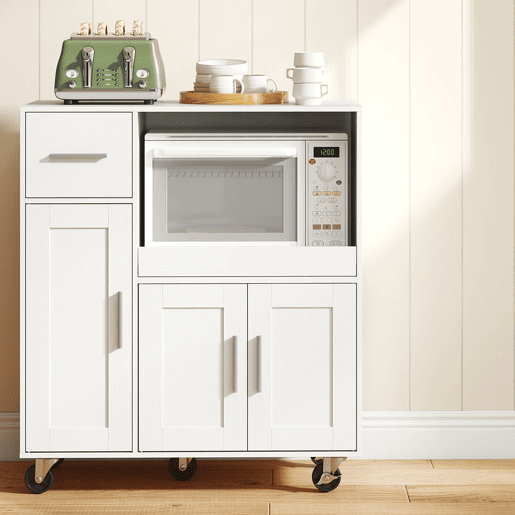 HOMCOM Móvel Auxiliar de Cozinha com Rodas Aparador de Cozinha para Microondas com Bandeja Deslizante Gaveta 3 Portas Prateleira Ajustável e Orifício para Cabos para Sala 80x40x88,7 cm Branco