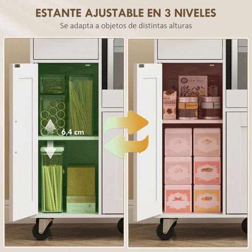 HOMCOM Móvel Auxiliar de Cozinha com Rodas Aparador de Cozinha para Microondas com Bandeja Deslizante Gaveta 3 Portas Prateleira Ajustável e Orifício para Cabos para Sala 80x40x88,7 cm Branco