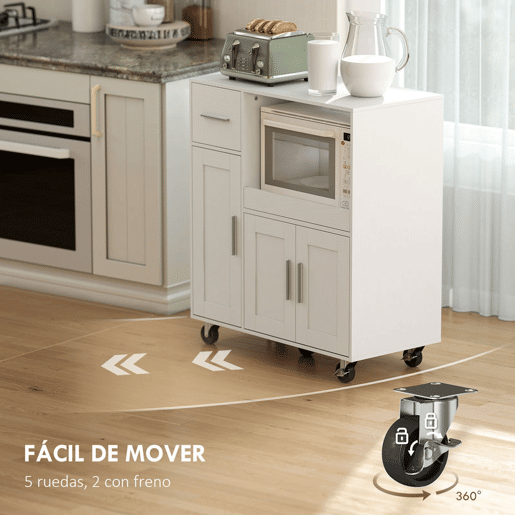HOMCOM Móvel Auxiliar de Cozinha com Rodas Aparador de Cozinha para Microondas com Bandeja Deslizante Gaveta 3 Portas Prateleira Ajustável e Orifício para Cabos para Sala 80x40x88,7 cm Branco
