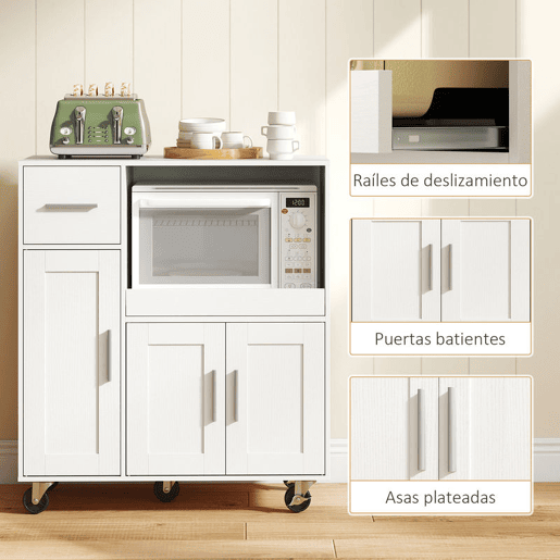 HOMCOM Móvel Auxiliar de Cozinha com Rodas Aparador de Cozinha para Microondas com Bandeja Deslizante Gaveta 3 Portas Prateleira Ajustável e Orifício para Cabos para Sala 80x40x88,7 cm Branco