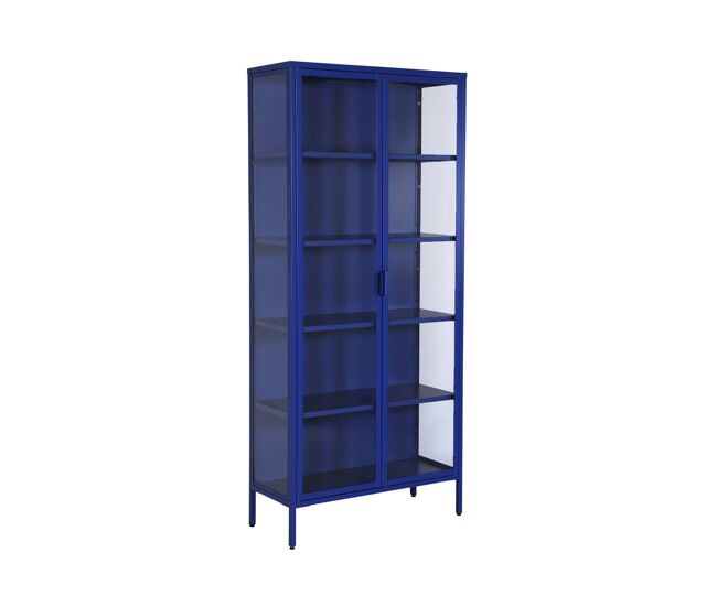 Aparador, vitrina de acero y vidrio templado con 2 puertas, 180cm azul - 80x35x180 cm