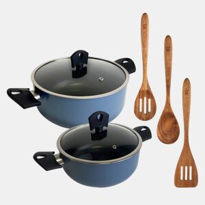 Conjunto de 2 panelas Ø20Ø24cm com tampas em alumínio prensado, cor azul + Conjunto de 3 utensílios de madeira NOIA San Ignacio
