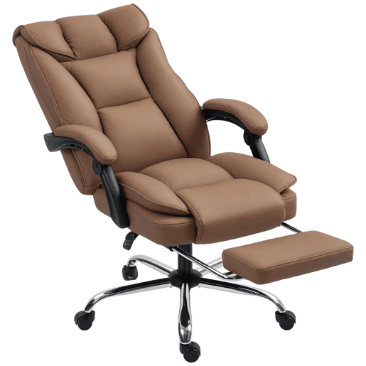 HOMCOM Cadeira de Escritório com Apoio para os Pés Giratória Cadeira para Secretária com Encosto Reclinável Acolchoado Duplo Espesso Revestida em Couro Sintético e Altura Ajustável 66x72x113-121 cm Marrom