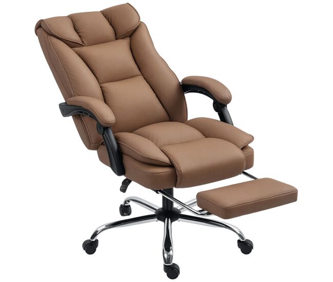 Homcom silla de escritorio con reposapiés, silla de oficina giratoria, con respaldo reclinable y alto, acolchado grueso doble, tapizada en cuero sintético resistente, altura ajustable, marrón