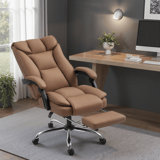 HOMCOM Cadeira de Escritório com Apoio para os Pés Giratória Cadeira para Secretária com Encosto Reclinável Acolchoado Duplo Espesso Revestida em Couro Sintético e Altura Ajustável 66x72x113-121 cm Marrom