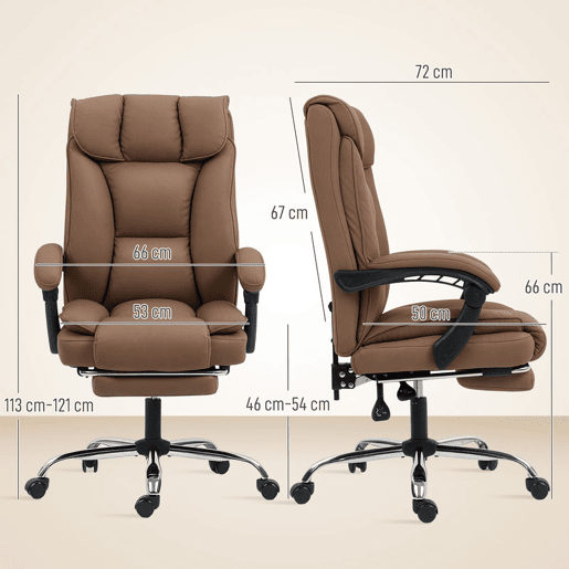 HOMCOM Cadeira de Escritório com Apoio para os Pés Giratória Cadeira para Secretária com Encosto Reclinável Acolchoado Duplo Espesso Revestida em Couro Sintético e Altura Ajustável 66x72x113-121 cm Marrom