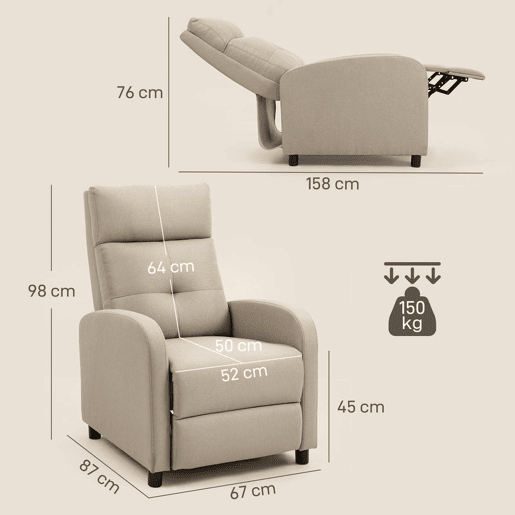 HOMCOM Poltrona Relax Reclinável até 155° Poltrona Reclinável Manual Estofado em Tecido Carga Máxima 150 kg para Pessoas com Altura Inferior 195 cm 67x87x98 cm Bege