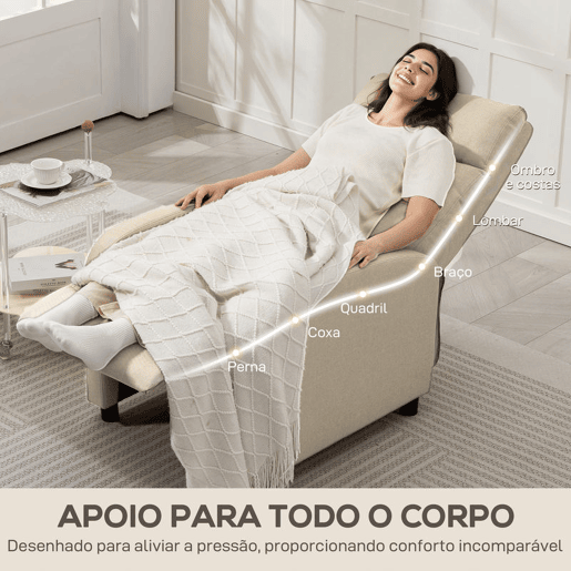 HOMCOM Poltrona Relax Reclinável até 155° Poltrona Reclinável Manual Estofado em Tecido Carga Máxima 150 kg para Pessoas com Altura Inferior 195 cm 67x87x98 cm Bege