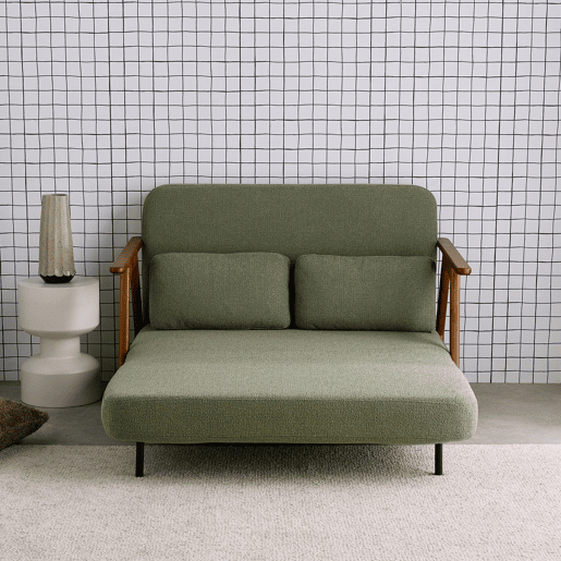 Banco sofá conversível em madeira e boucle texturizado, 2 lugares , Sven, Verde caqui, 133x81x84 cm