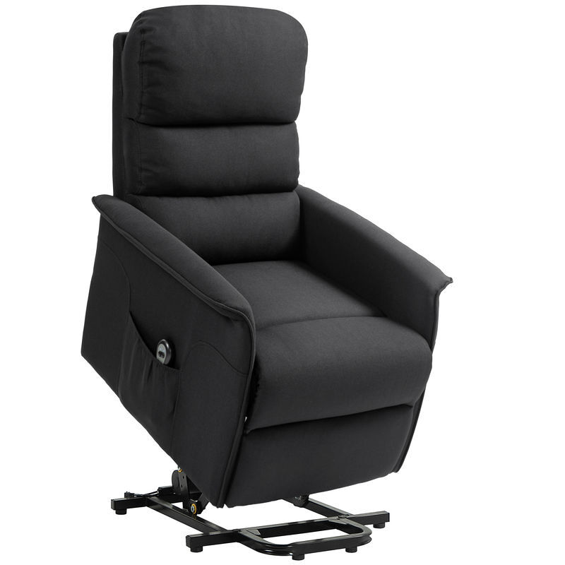 Homcom sillón relax reclinable eléctrico levanta personas, sillón elevador con control remoto, reposapiés, tapizado en lino, bolsillo lateral, para salón, dormitorio, negro