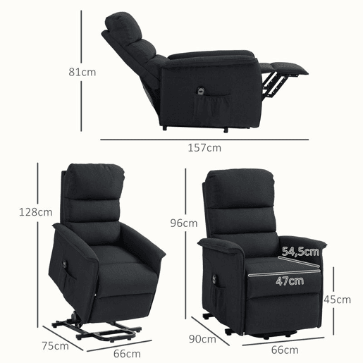 HOMCOM Poltrona Relax Reclinável Elétrica Poltrona Levanta Pessoas com Controlo Remoto e Bolso Lateral Poltrona Elétrica para Sala de Estar Dormitório 66x90x96 cm Preto