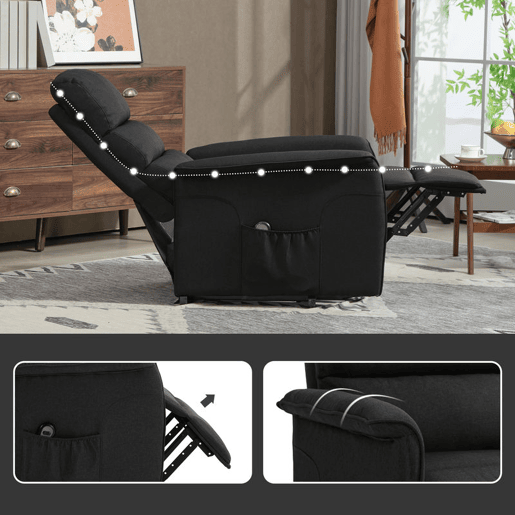 HOMCOM Poltrona Relax Reclinável Elétrica Poltrona Levanta Pessoas com Controlo Remoto e Bolso Lateral Poltrona Elétrica para Sala de Estar Dormitório 66x90x96 cm Preto