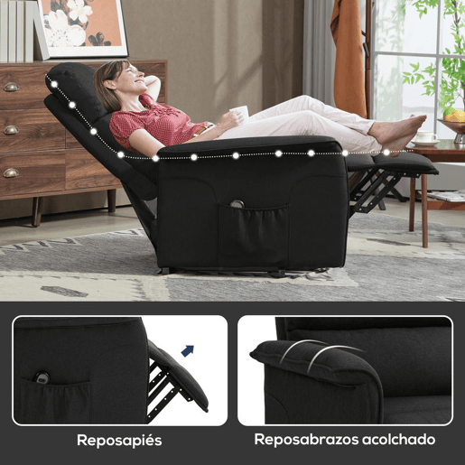 HOMCOM Poltrona Relax Reclinável Elétrica Poltrona Levanta Pessoas com Controlo Remoto e Bolso Lateral Poltrona Elétrica para Sala de Estar Dormitório 66x90x96 cm Preto