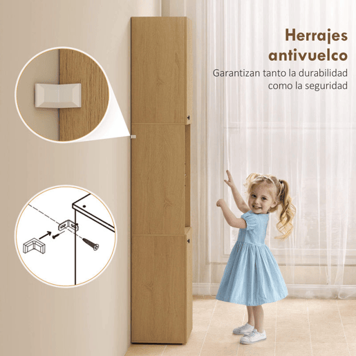 HOMCOM Coluna Casa de Banho Estreita Armário de Banho Alto com 6 Níveis com 2 Portas Prateleira de Vidro Temperado Prateleiras Ajustáveis 40x31x182 cm Carvalho