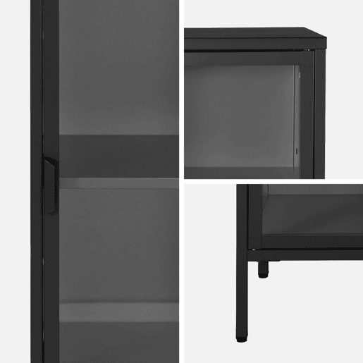 Aparador de aço e vidro temperado 1 porta, 160cm, Arkansas, Preto, 40x35x160 cm