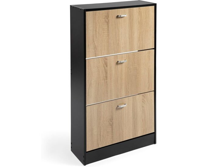 Zapatero madera, tres puertas, zapatero puertas oscilobatientes, mueble auxiliar, medidas: 63cms ancho, 24cms profundo, 115cms alto (negro/taupe)