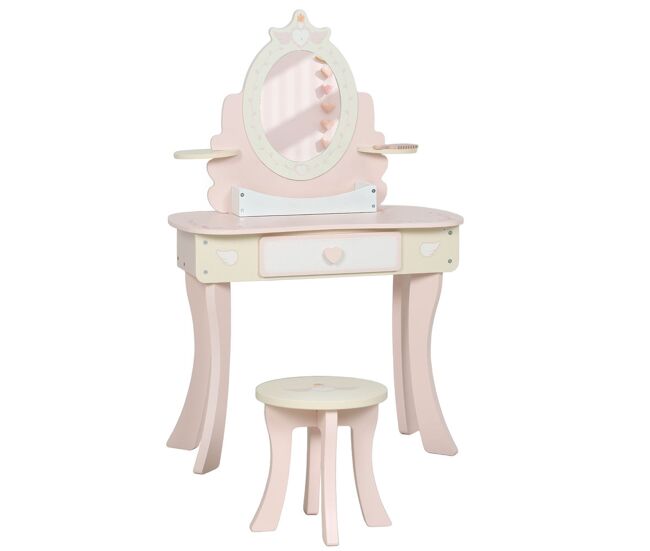 Aiyaplay tocador para niñas, tocador de maquillaje niñas, 2 en 1, escritorio, con taburete, espejo, cajón, 7 accesorios, a partir de 3 años, rosa