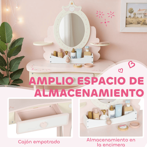 AIYAPLAY Toucador para Meninas Conjunto de Toucador com Banco 2 em 1 Toucador com Espelho Gaveta 7 Acessórios a Partir dos 3 Anos Rosa
