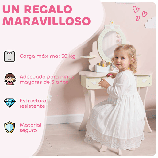 AIYAPLAY Toucador para Meninas Conjunto de Toucador com Banco 2 em 1 Toucador com Espelho Gaveta 7 Acessórios a Partir dos 3 Anos Rosa