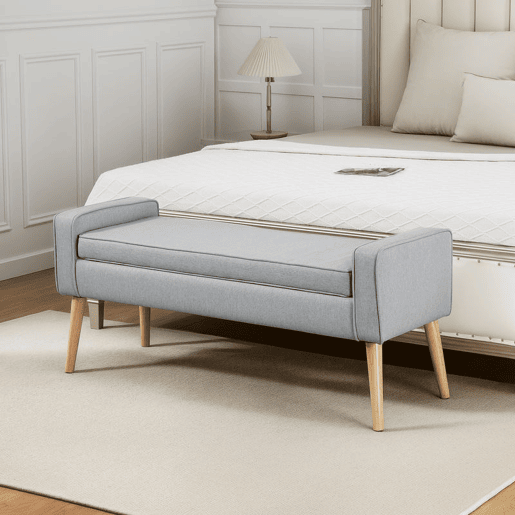 HOMCOM Banco de Armazenamento Baú de Armazenamento Estofado em Linho com Tampa Abatível e Pés de Madeira para Dormitório Sala de Estar Entrada Carga 120kg 120x45x54 cm Cinza Claro