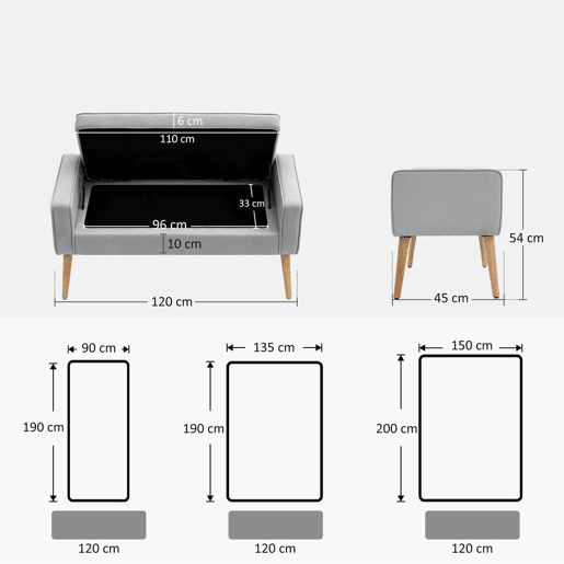 HOMCOM Banco de Armazenamento Baú de Armazenamento Estofado em Linho com Tampa Abatível e Pés de Madeira para Dormitório Sala de Estar Entrada Carga 120kg 120x45x54 cm Cinza Claro
