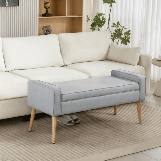 HOMCOM Banco de Armazenamento Baú de Armazenamento Estofado em Linho com Tampa Abatível e Pés de Madeira para Dormitório Sala de Estar Entrada Carga 120kg 120x45x54 cm Cinza Claro
