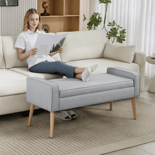 HOMCOM Banco de Armazenamento Baú de Armazenamento Estofado em Linho com Tampa Abatível e Pés de Madeira para Dormitório Sala de Estar Entrada Carga 120kg 120x45x54 cm Cinza Claro